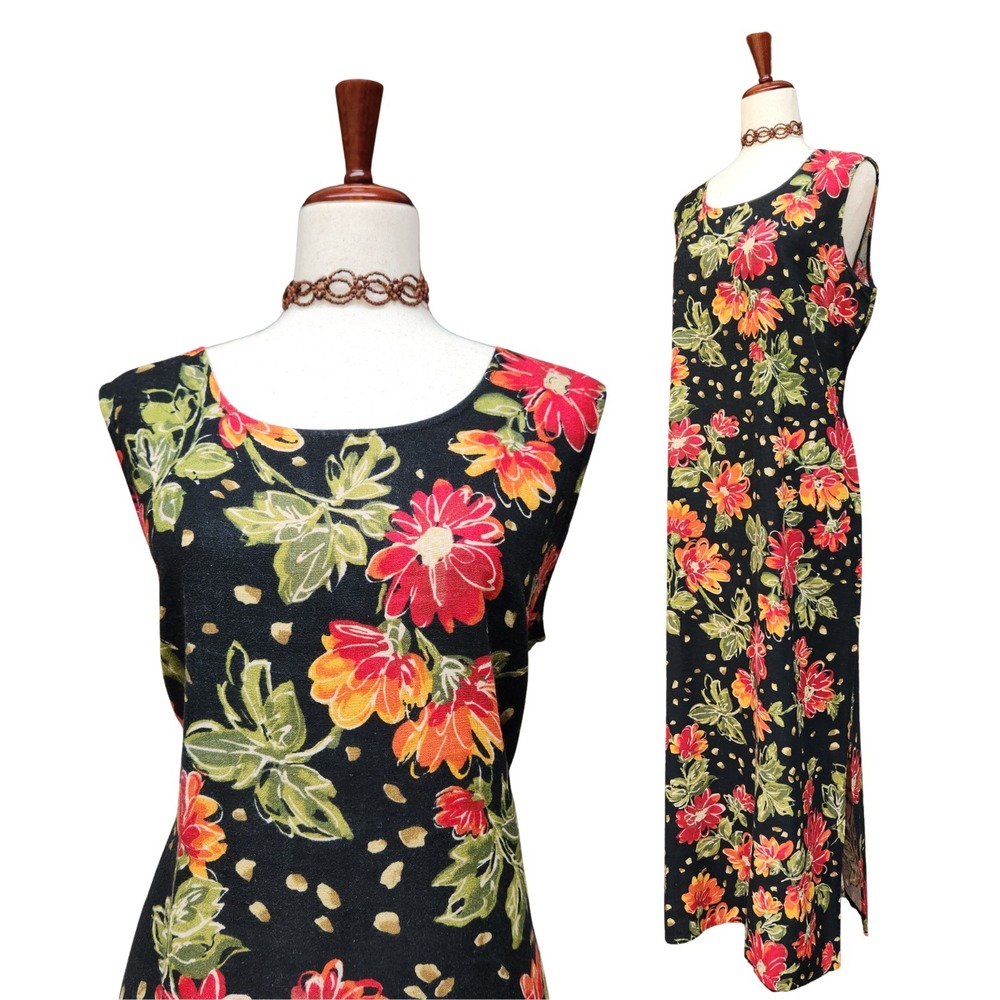 Vintage 90s Maxi Dress Size‎ XL Black Cottagecore Grunge Indie Fairy Floral